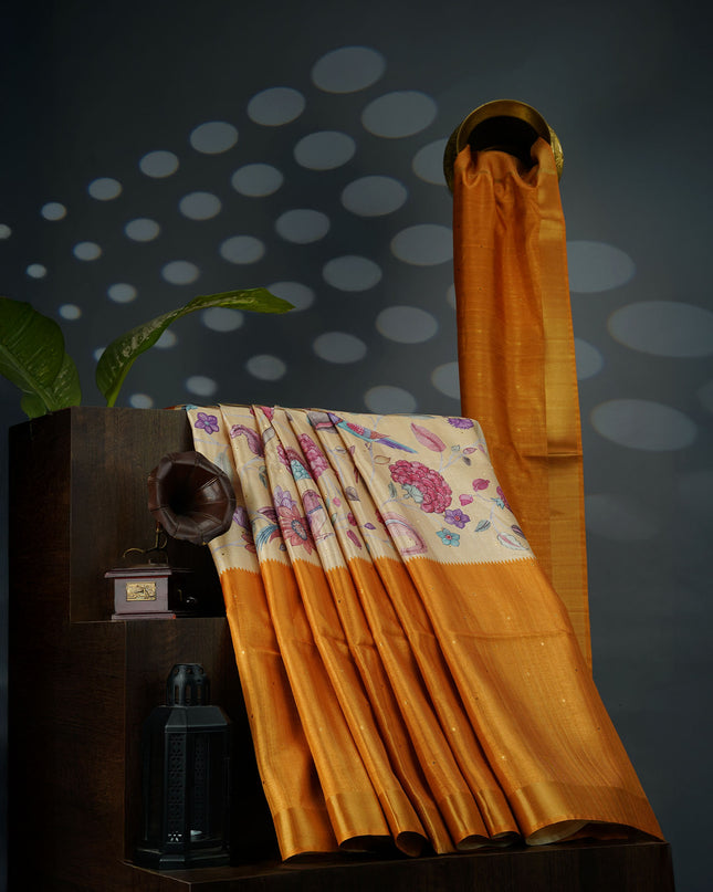 Tusser Silk Saree Floral Print with Contrast Border- Mustard