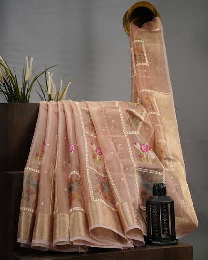Kota Tissue Organza Thread Embroidery Buttis With Banaras Border - Dusty Pink