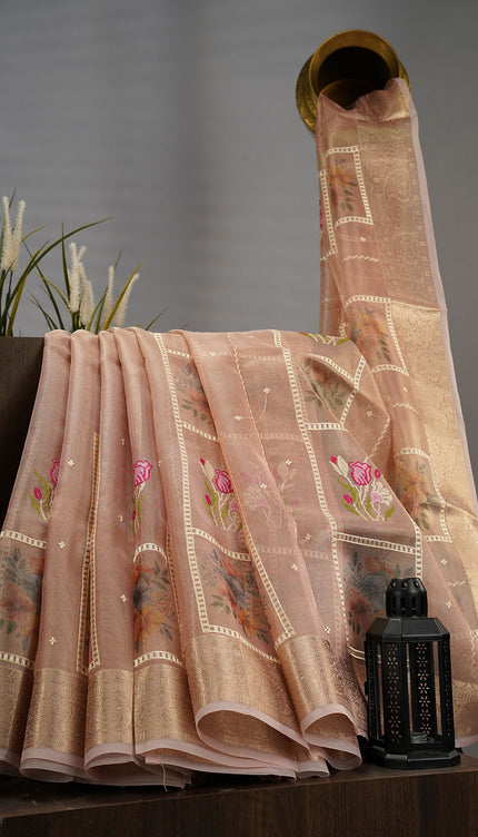 Kota Tissue Organza Thread Embroidery Buttis With Banaras Border - Dusty Pink