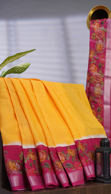 Mangalagiri Silk Silver Zari Weaving Checks Design With Digital Border - Yellow