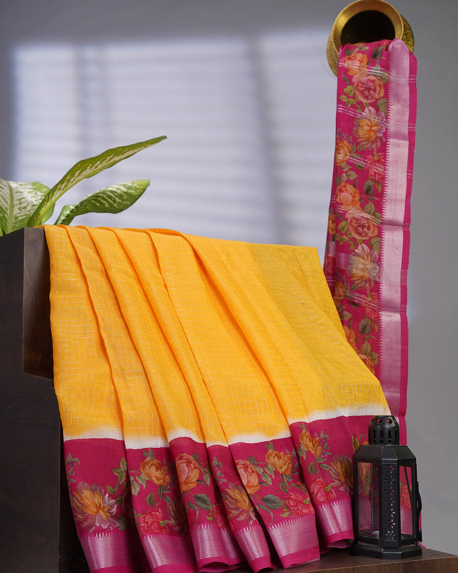 Mangalagiri Silk Silver Zari Weaving Checks Design With Digital Border - Yellow