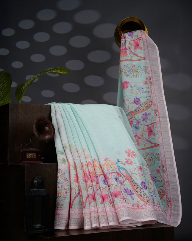 Linen Tissue Saree With Floral Print - Light Green