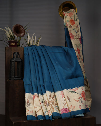 Tusser Silk Allover Mirror With Digital Print - Teal