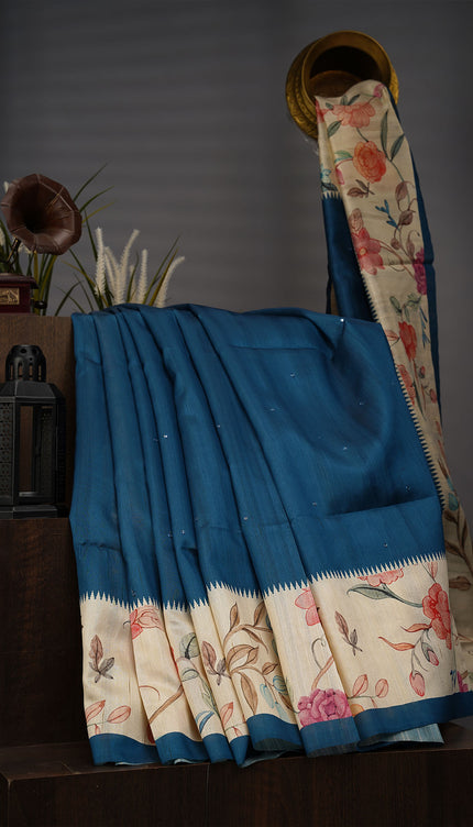 Tusser Silk Allover Mirror With Digital Print - Teal