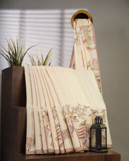 Tussar Allover Digital Print Mukesh Work - Cream & Beige