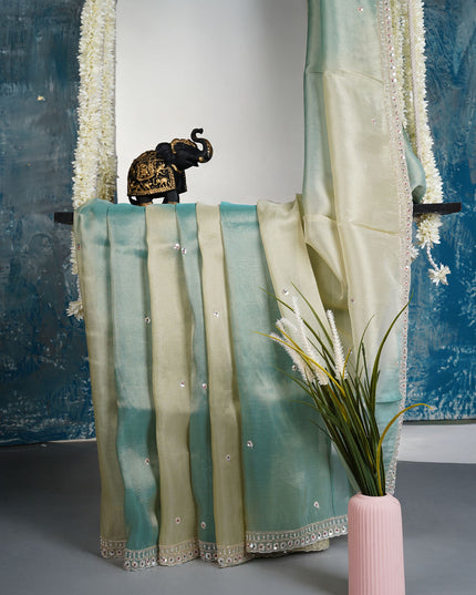 Soft tissue organza saree with sequence butties and scallop border - Sea Green