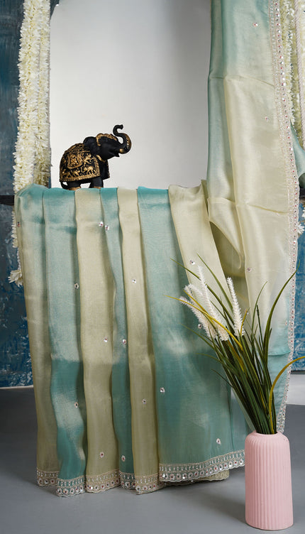 Soft tissue organza saree with sequence butties and scallop border - Sea Green