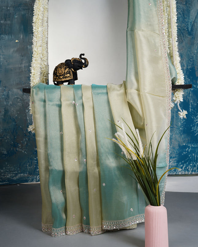 Soft tissue organza saree with sequence butties and scallop border - Sea Green