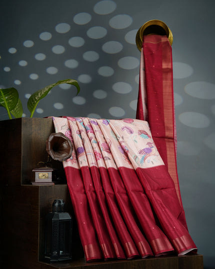 Tusser Silk Saree Floral Print with Contrast Border- Peach