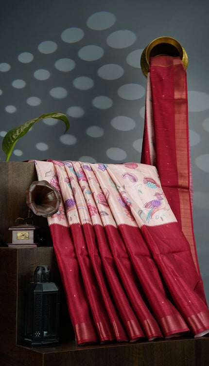 Tusser Silk Saree Floral Print with Contrast Border- Peach