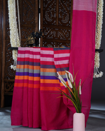 mulcotton saree with multicolored check pattern - Magenta