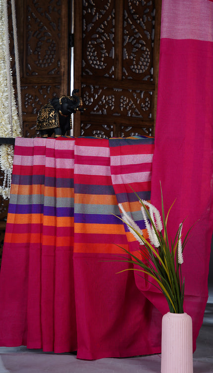 mulcotton saree with multicolored check pattern - Magenta