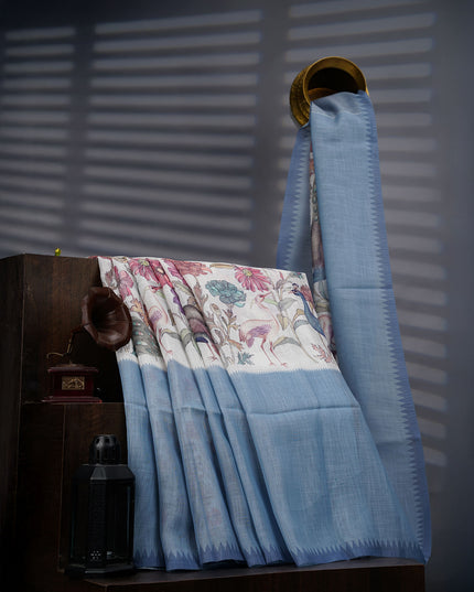 Linen Silk Saree With Floral Digital Print - White