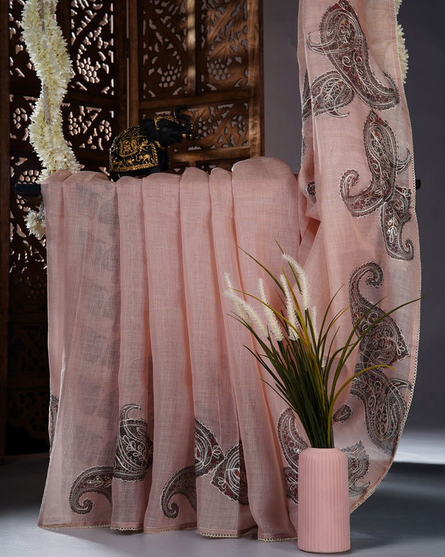 Tissue linen saree with Mango Butties And Dori work With Lace border - Peach