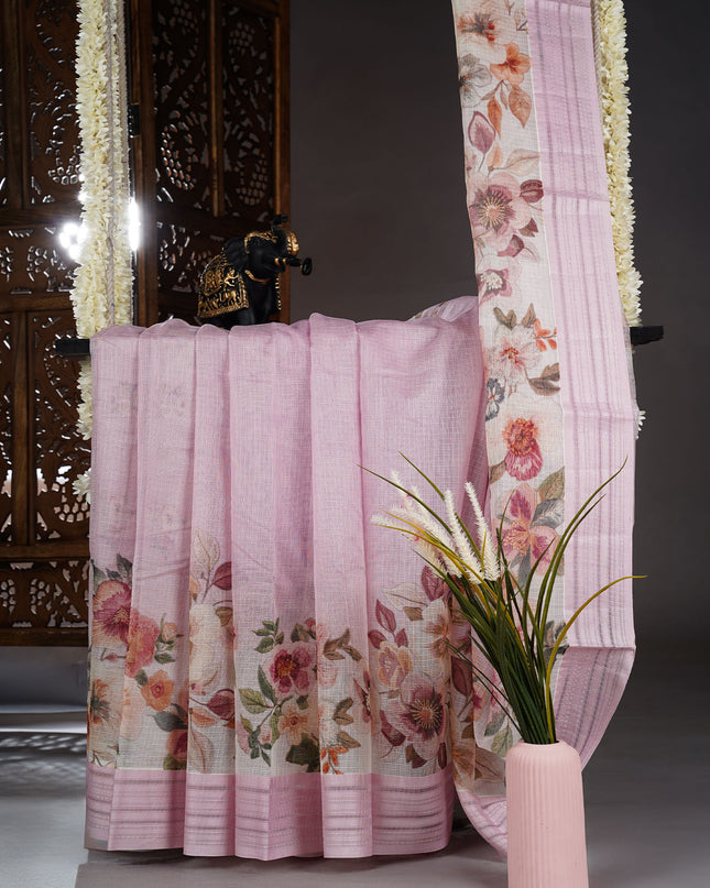 Kota cotton Saree with Floral Print - Baby Pink