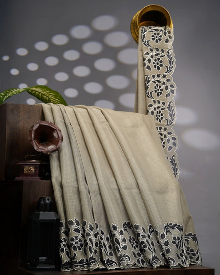 Kota Silk Saree With Floral Print & Ari Work Scallop Border - Mehndi