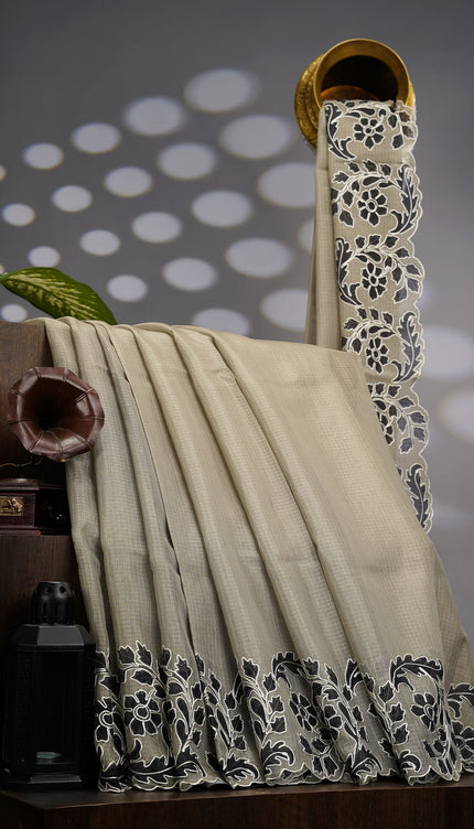 Kota Silk Saree With Floral Print & Ari Work Scallop Border - Mehndi