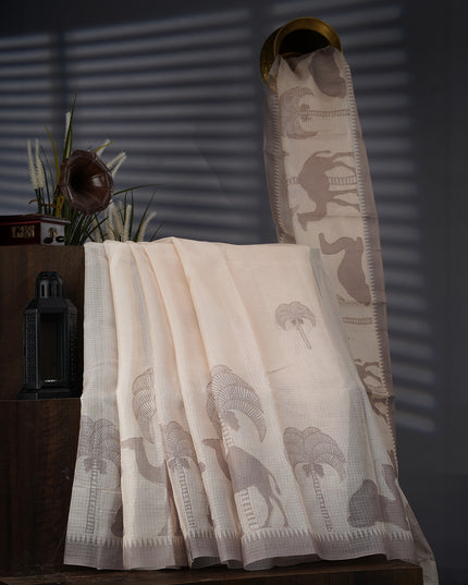 Silk Kota Saree With Ari Work Border - Beige