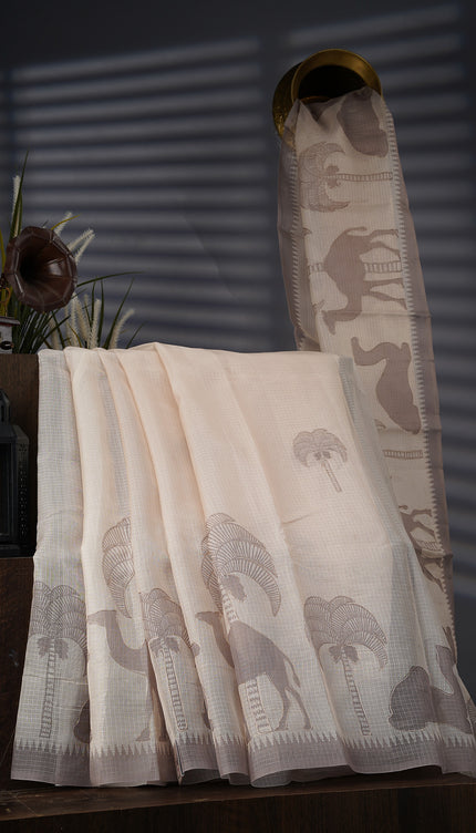 Silk Kota Saree With Ari Work Border - Beige