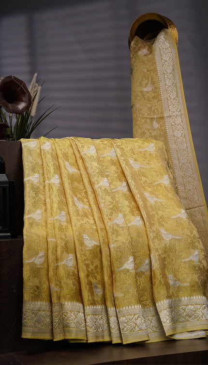 Tissue Banarasi Silk with All Over Self Weaving with Light Gold Zari Border - Lemon Yellow