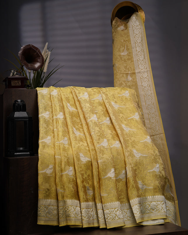 Tissue Banarasi Silk with All Over Self Weaving with Light Gold Zari Border - Lemon Yellow