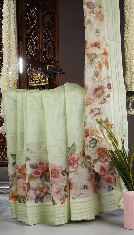 Kota cotton Saree with Floral Print - L Green