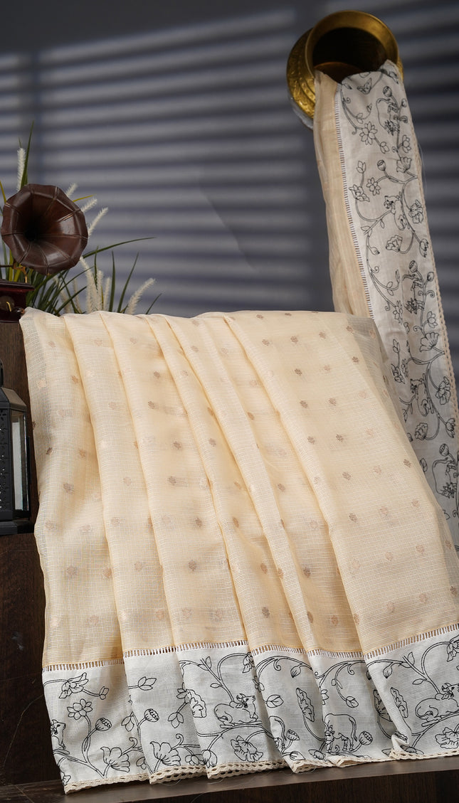 Silk Kota Saree With Gold Butties And Contrast Border With Thread Work - Beige