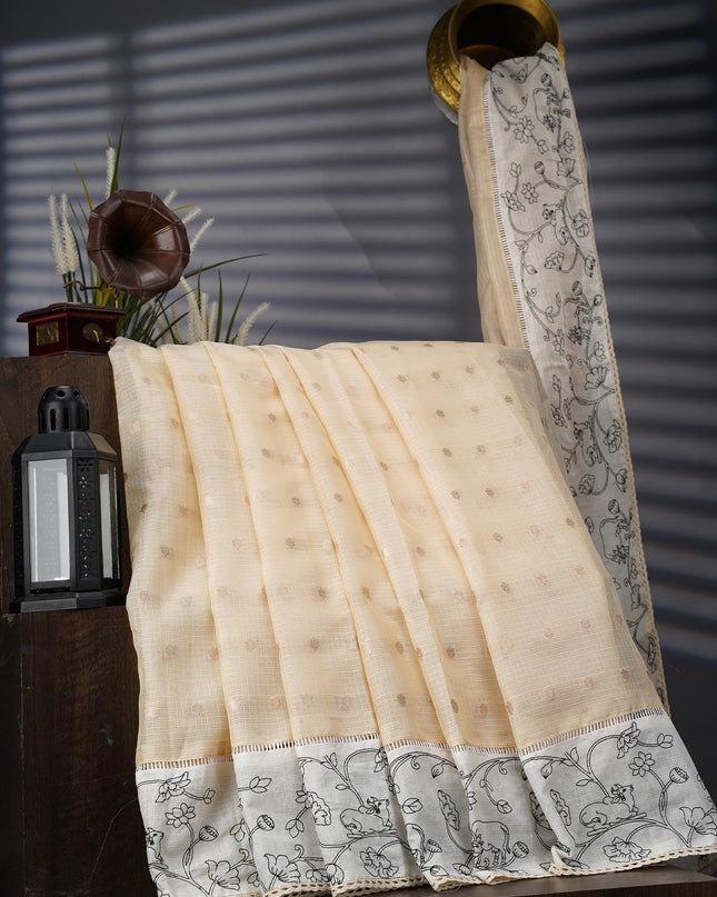 Silk Kota Saree With Gold Butties And Contrast Border With Thread Work - Beige