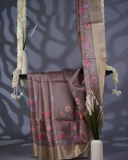 Tusser Silk Saree with Floral Print Contrast Border- Coffee Brown