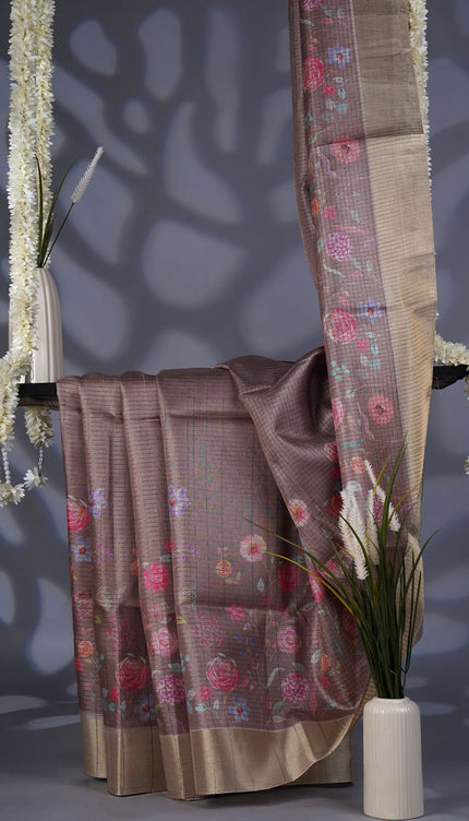 Tusser Silk Saree with Floral Print Contrast Border- Coffee Brown