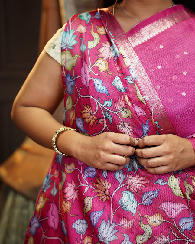 Silk Kota Saree With Golden Butties & Border - Baby Pink