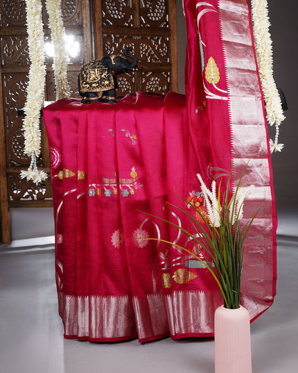 Chanderi Silk Saree With Allover Meenakari Work Zari Birder - Rani Pink