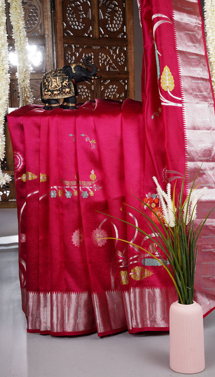 Chanderi Silk Saree With Allover Meenakari Work Zari Birder - Rani Pink