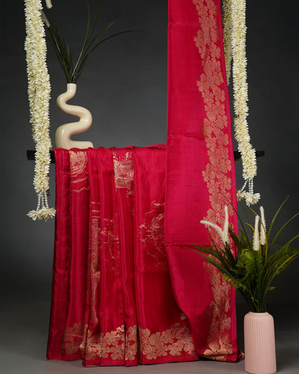 Banaras Silk Saree with Gold and Silver Zari Butties and Border- Pink