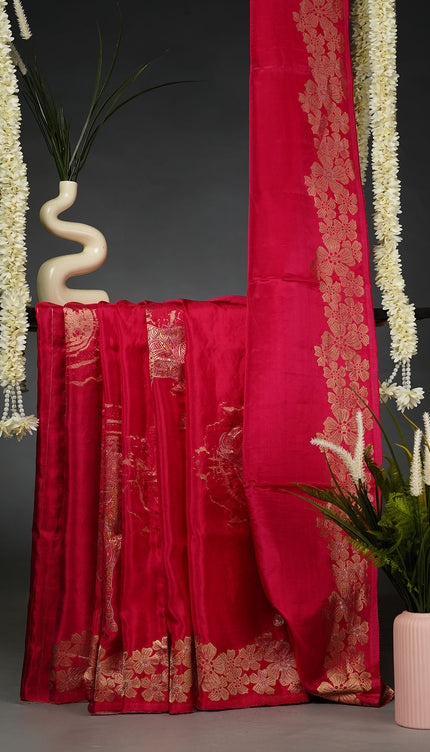 Banaras Silk Saree with Gold and Silver Zari Butties and Border- Pink