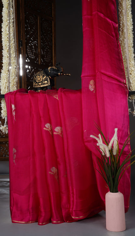 Silk Kota Allover Golden and Silver Zari Butties with Satin Border - Pink
