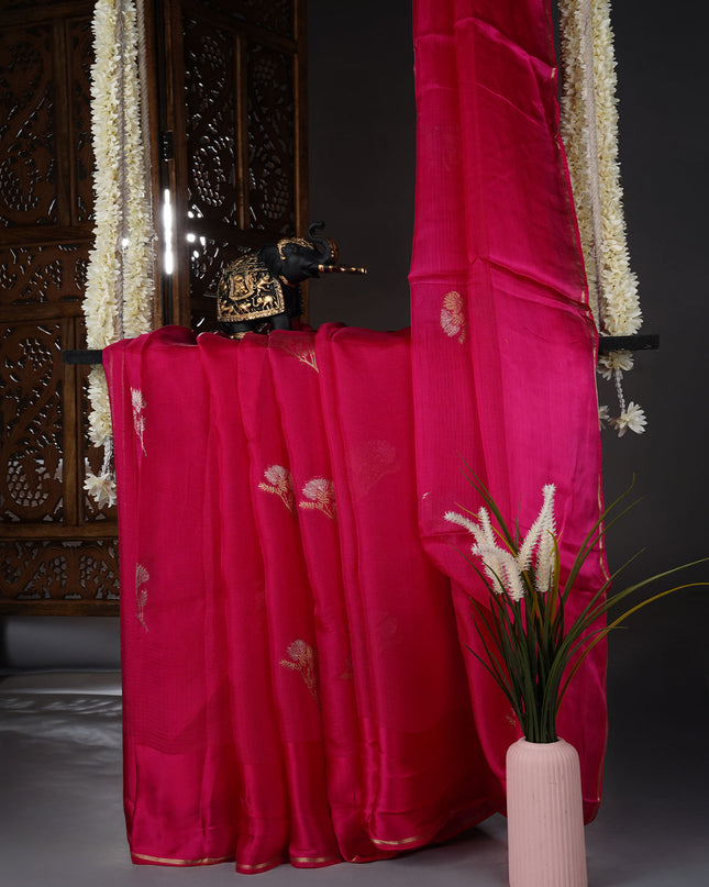 Silk Kota Allover Golden and Silver Zari Butties with Satin Border - Pink