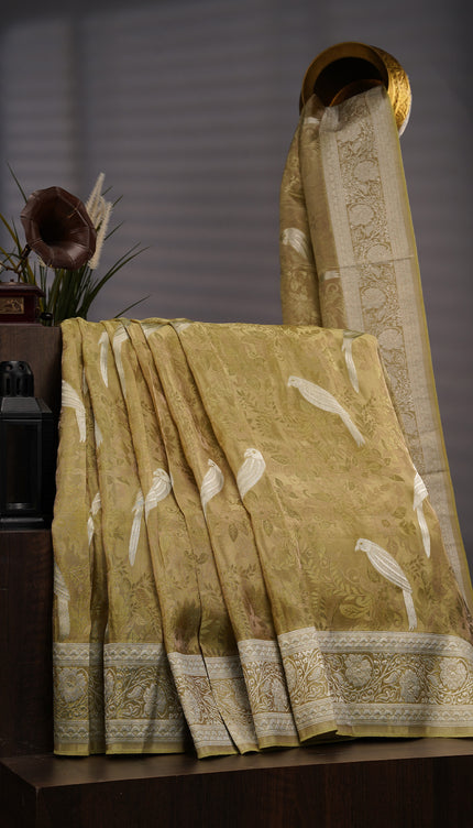 Tissue Banarasi Silk with All Over Self Weaving with Light Gold Zari Border - Green