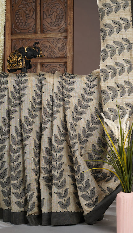 Tussar silk sarees  with not work and contacts  border - Beige