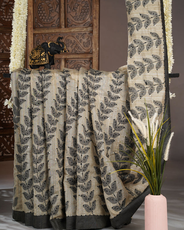 Tussar silk sarees  with not work and contacts  border - Beige