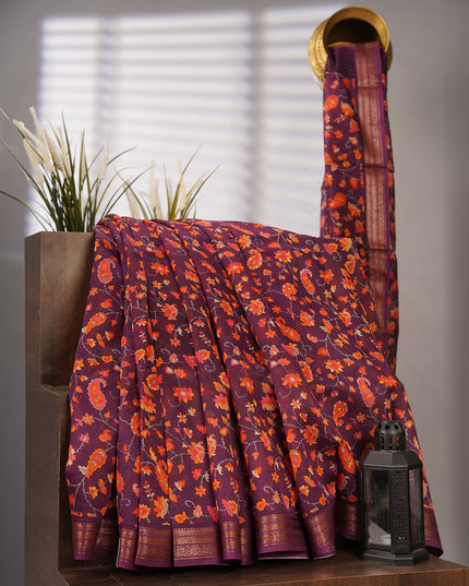 Chanderi Silk Digital Print Antique Zari Border - Wine