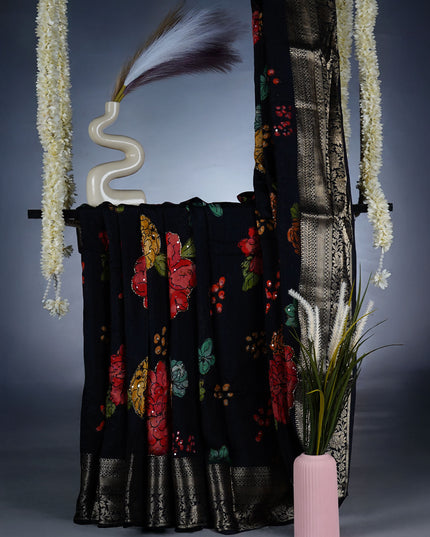 Chinon Silk Saree with floral print & sequins Embellishanents  - Black