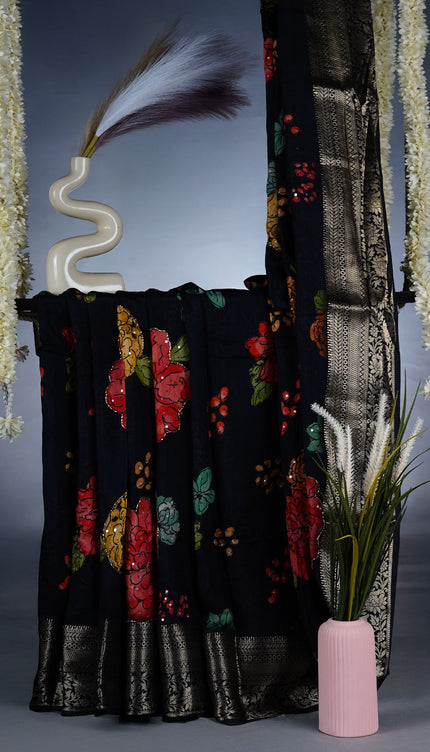 Chinon Silk Saree with floral print & sequins Embellishanents  - Black