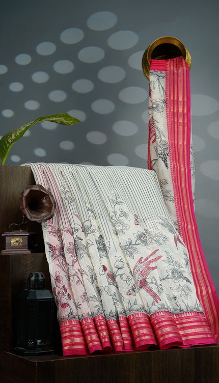 Kota Silk Saree with Floral Print and Contrast Border- Half White