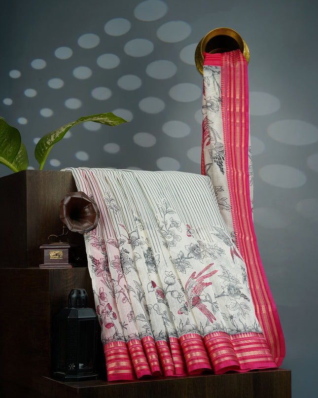 Kota Silk Saree with Floral Print and Contrast Border- Half White