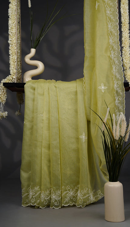 Organza Saree with Embroidery Butties and Border- Pista Green