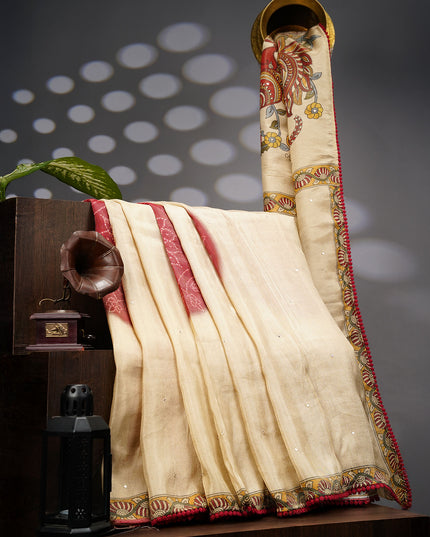 Crepe Tissue Saree With Kalamkari Pallu Mirror Work & Scallop Border - Beige