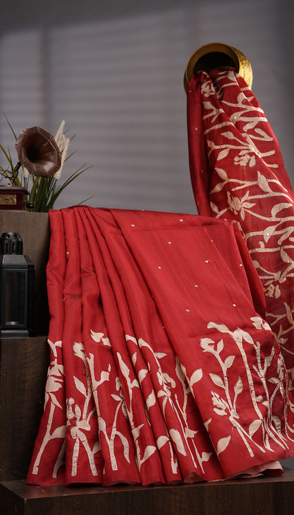 Tusser Silk Ari Work With Mirror Work - Maroon