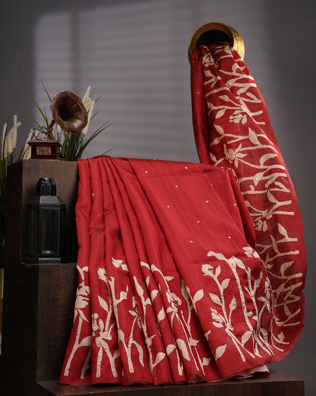 Tusser Silk Ari Work With Mirror Work - Maroon