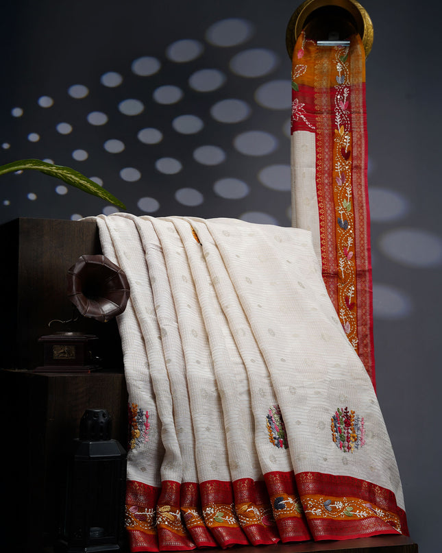 Dola Silk Saree Contrast Border With Kantha Work - White